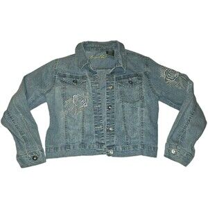 Arizona Jean Y2k Denim Jacket Girls M Blue Embroidered Rose Floral Crop XS Women